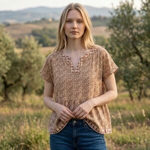 SUNDANCE ZINA PEPLUM BUTTER YELLOW BEIGE COMFY CASUAL COOL COTTON TOP SZ M